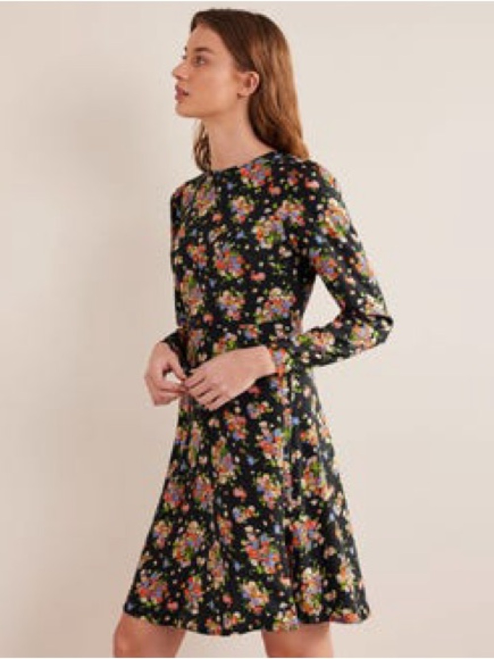 Boden D0513 Floral Fit & Flare Dress Black Long Sleeve US 16-18 L